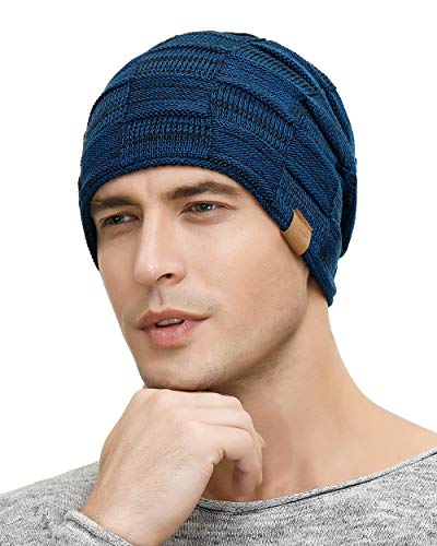 Vgogfly Slouchy Beanie for Men Winter Hats for Guys Cool Beanies Mens Lined Knit Warm Thick Skully Stocking Binie Hat Black/Blue - Image 3