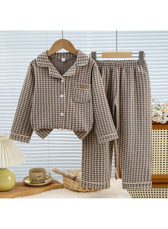 Classic  Grid Pajamas Sets Boys Baby Nighty Two-Piece Summer Autumn Long-Sleeved Shirt Trousers Loose Tops Pants - Image 1