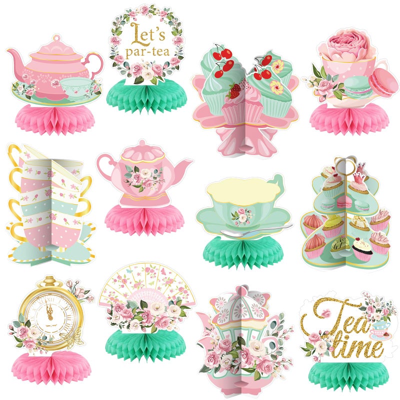 Liliful 12 Pcs Tea Party Decorations Floral Teapot Honeycomb Centerpieces Tea Party Supplies Table Decor for Birthday Baby Shower Wedding Favors Girls Women - Image 1
