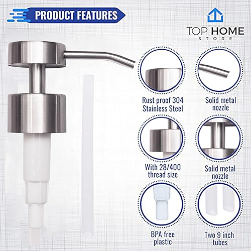 Top Home Store Elegant Flat Top Stainless Steel Soap and Lotion Dispenser Pumps (Brushed Nickel, 2 Pack) - Image 3