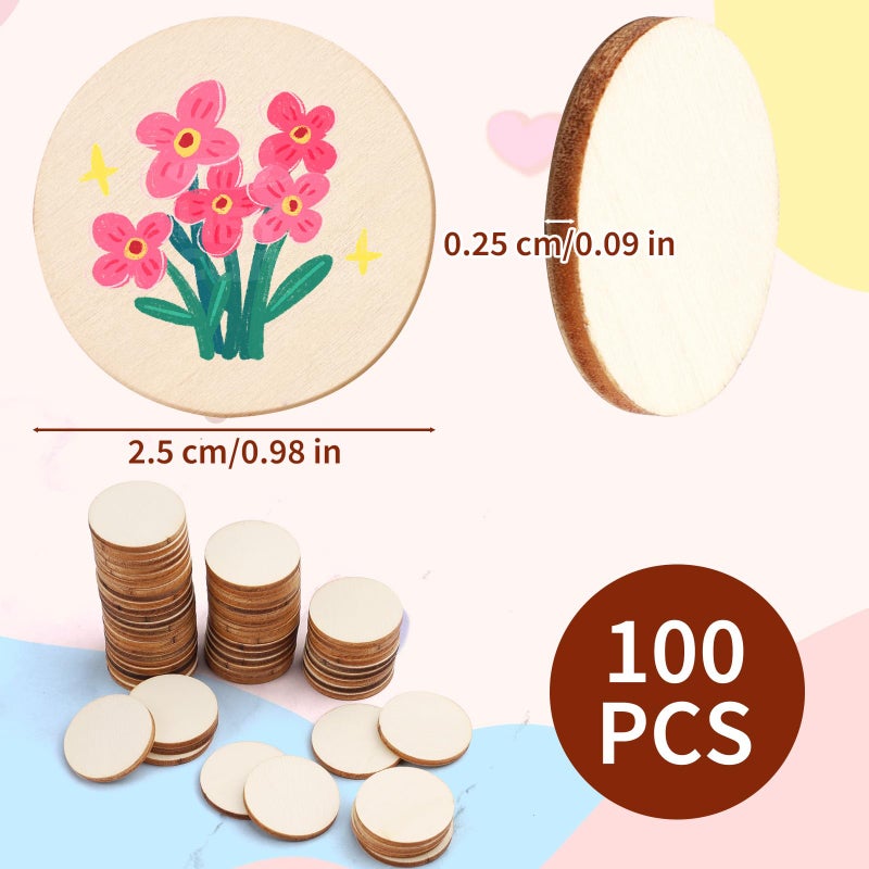 Pretwad 100 Pack Unfinished Wood Circles - 1 Inch Natural Round Wood Slices, Small Wooden Crafts Cutouts Circle Ornaments, Blank Wooden Kit for Painting, Writing, DIY Supplies, Engraving & Carving - Image 2