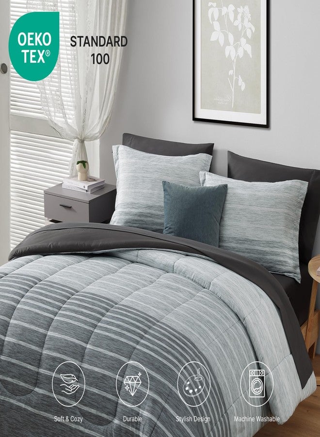 Monbix King Size Comforter Set - 7 Pieces Bed in a Bag King, Grey-Stripe Bedding Sets, All Seasons Down Alternative Comforter Bed Set with Sheets, Pillowcases & Shams - Image 4