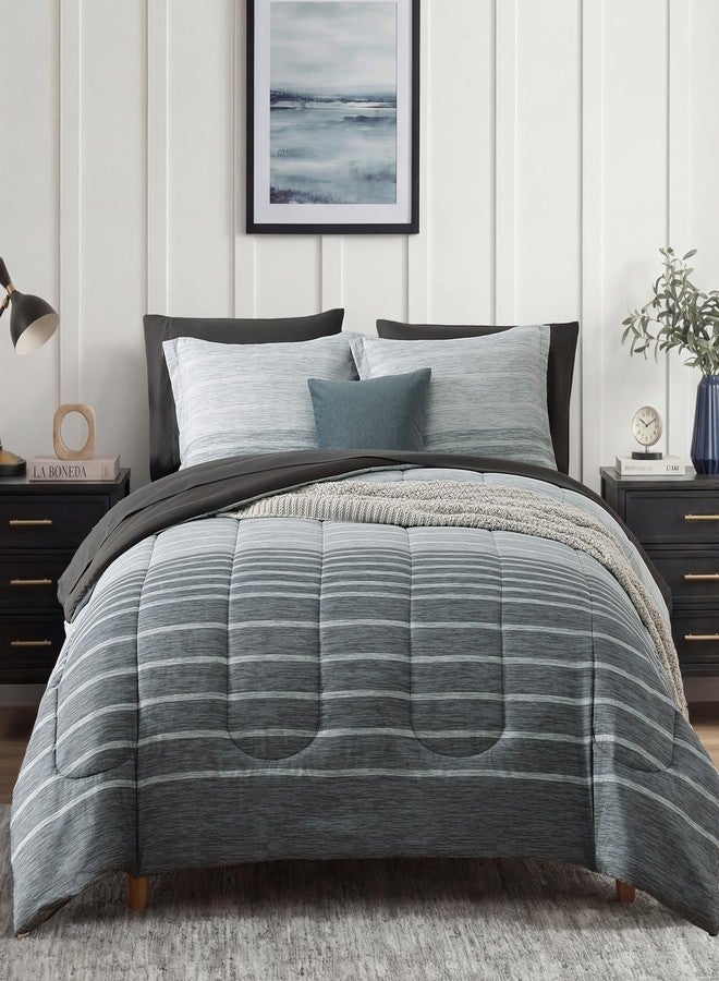 Monbix King Size Comforter Set - 7 Pieces Bed in a Bag King, Grey-Stripe Bedding Sets, All Seasons Down Alternative Comforter Bed Set with Sheets, Pillowcases & Shams - Image 1