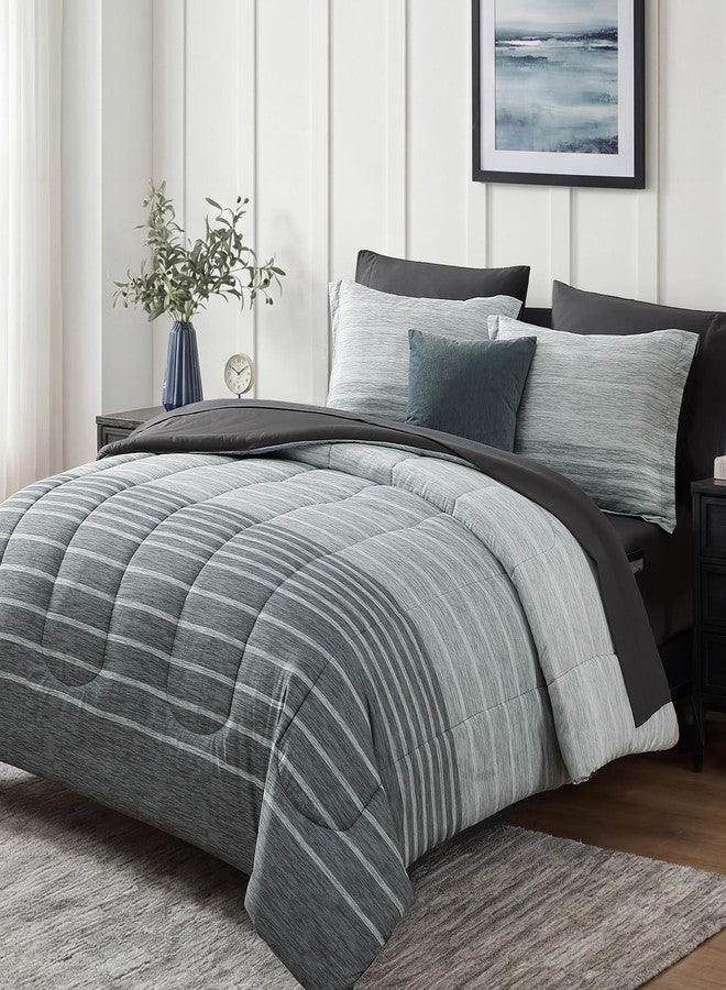 Monbix King Size Comforter Set - 7 Pieces Bed in a Bag King, Grey-Stripe Bedding Sets, All Seasons Down Alternative Comforter Bed Set with Sheets, Pillowcases & Shams - Image 2