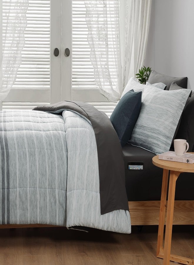 Monbix King Size Comforter Set - 7 Pieces Bed in a Bag King, Grey-Stripe Bedding Sets, All Seasons Down Alternative Comforter Bed Set with Sheets, Pillowcases & Shams - Image 3