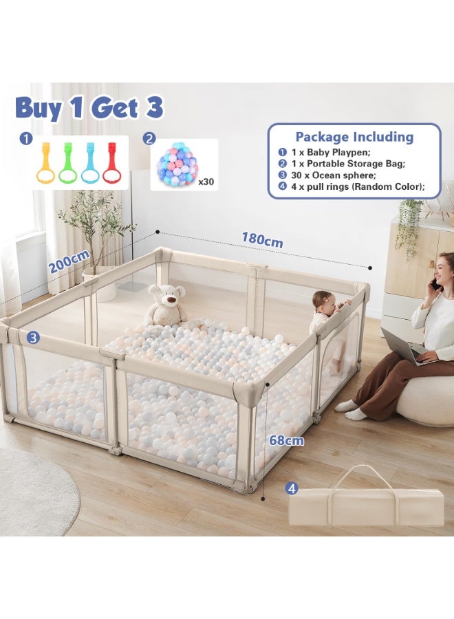 LIODUX Foldable Baby Playpen, 180 x 200CM Quick Setup Baby Fence, Collapsible Play Pen for Babies, Folding Children's Fence Play Area with Storage Bag, Playpen for Babies, Beige - Image 4