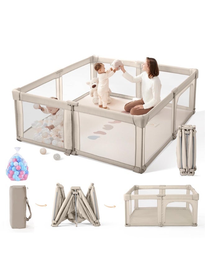 LIODUX Foldable Baby Playpen, 180 x 200CM Quick Setup Baby Fence, Collapsible Play Pen for Babies, Folding Children's Fence Play Area with Storage Bag, Playpen for Babies, Beige - Image 1