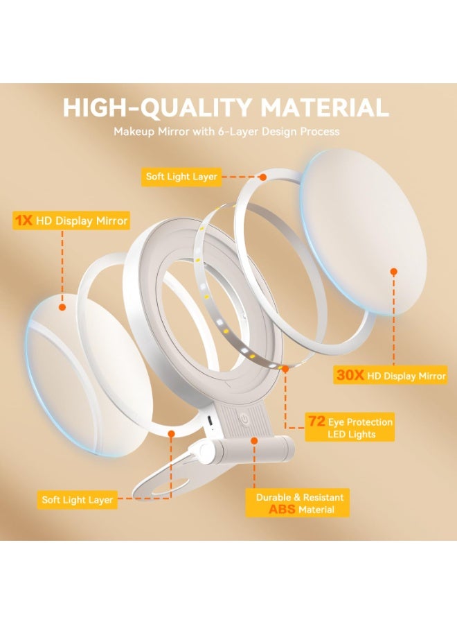 مرآة مكياج مكبرة LED 1X/30X، 3 ألوان، قابلة لإعادة الشحن، قابلة للطي، أبيض - Image 4