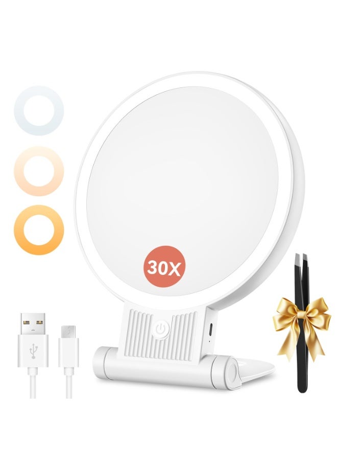 مرآة مكياج مكبرة LED 1X/30X، 3 ألوان، قابلة لإعادة الشحن، قابلة للطي، أبيض - Image 1