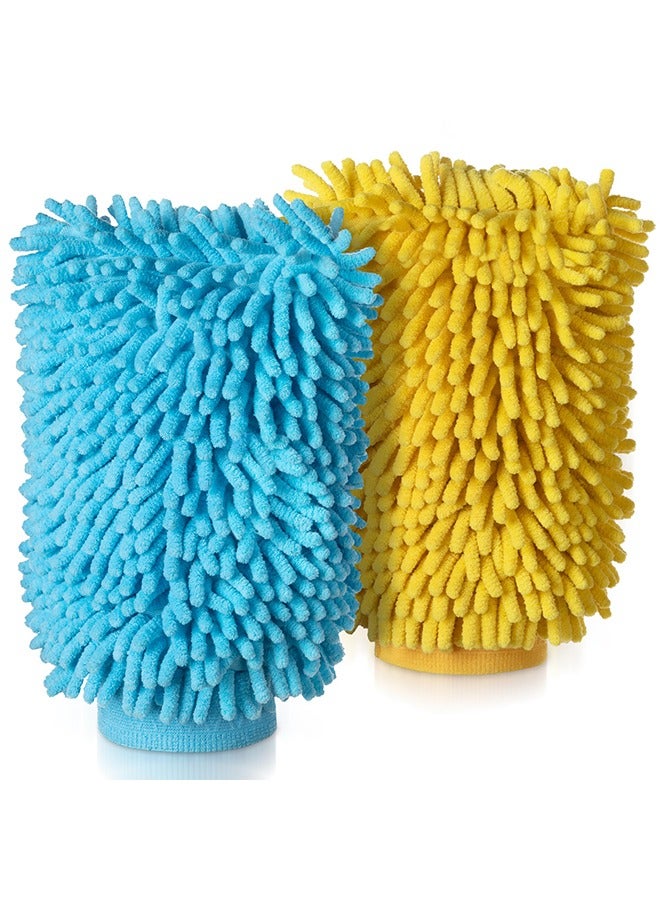 Generic Microfiber Car Wash Mitt, Pack of 2, Microfibre Noodle Car Cleaning Mitts, Streak-Free Scratch-Free Super Absorbent Soft, For Lifting Stubborn Dirt (Blue & Yellow)  - Image 1