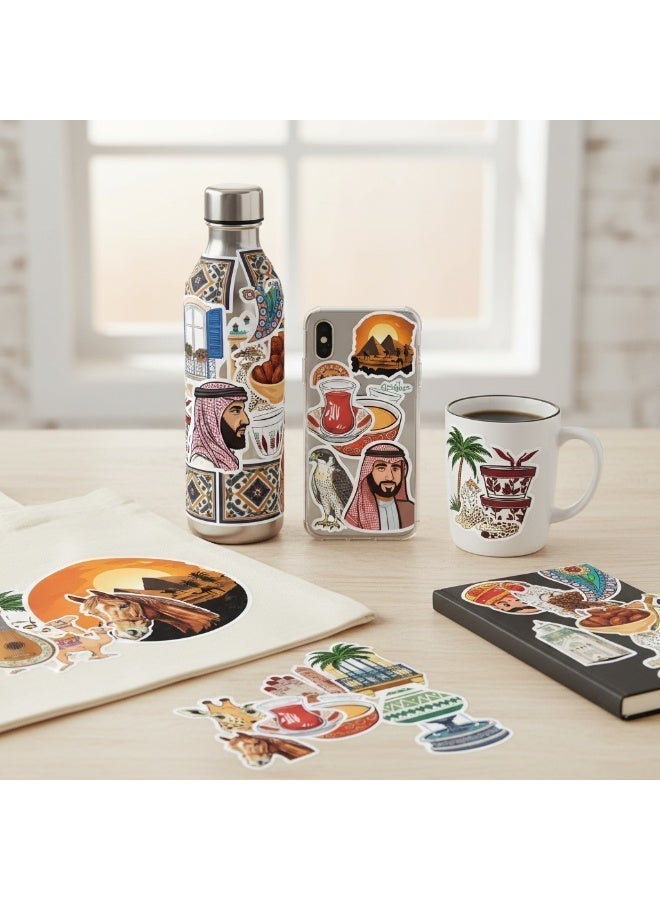 مافيك مجموعة ملصقات الثقافة العربية الفاخرة 4 مجموعات في صندوق هدايا أنيق (8×8 سم) - معالم دبي، الخط العربي، الفن الإسلامي ونمط الحياة التقليدي - ستيكرات فينيل مقاومة للماء للابتوب والأمتعة والسيارة - Image 4