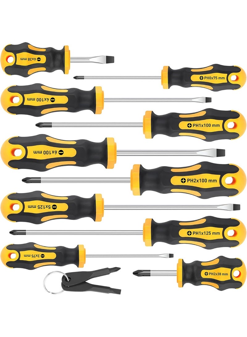 10-Piece Magnetic Screwdrivers Set, 5 Phillips and 5 Slotted Tips Professional Cushion Grip Screwdriver Set 2pcs Portable Multifunction Key Mini Screwdriver (Yellow) - Image 1