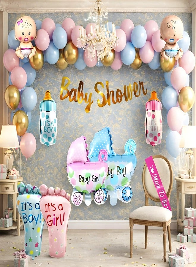 GROOVY DUDZ Baby Shower Decoration Items Set-55Pcs Baby Shower Party Decoration Items with Pastel Balloon,Pram Balloon theme Party Decoration Items - Image 1