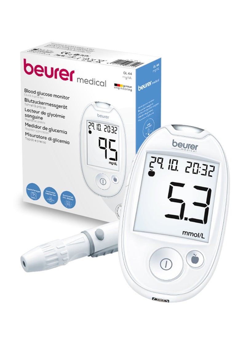 Beurer - GL 44 - Blood Sugar Monitor | Easy-to-Use Glucose Meter with XXL Display | Soft+Safe Lancing Aid and Data Transfer Capability | White | Lancing Aid + 10 Lancets - Image 1