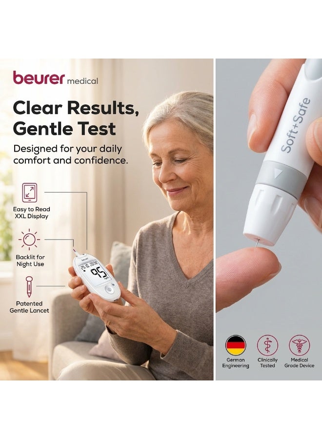 Beurer GL 44 - جهاز مراقبة سكر الدم | مقياس جلوكوز سهل الاستخدام مع شاشة XXL | أداة وخز ناعمة وآمنة وقدرة على نقل البيانات | أبيض | أداة وخز - Image 2
