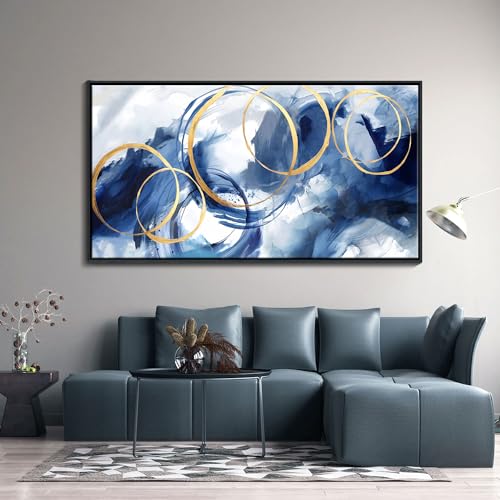 AJAZIKO Framed Abstract Wall Art Blue Modern Art Wall Decor Artwork For Living Room Huge Wall Canvas Office Pictures For Navy Gold Modern Decorations For Bedroom Size 24x48in - Image 3