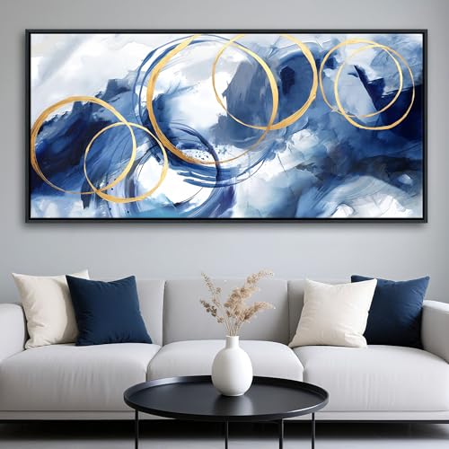 AJAZIKO Framed Abstract Wall Art Blue Modern Art Wall Decor Artwork For Living Room Huge Wall Canvas Office Pictures For Navy Gold Modern Decorations For Bedroom Size 24x48in - Image 1