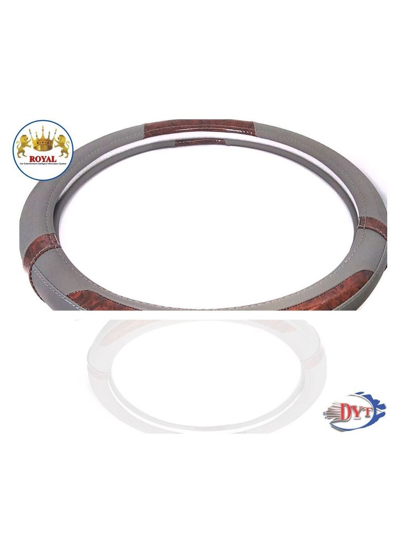 Royal Luxury Steering Wheel Cover 15"Inch (DYT-HE,3110, Grey) Grey & Wood Color - Image 4