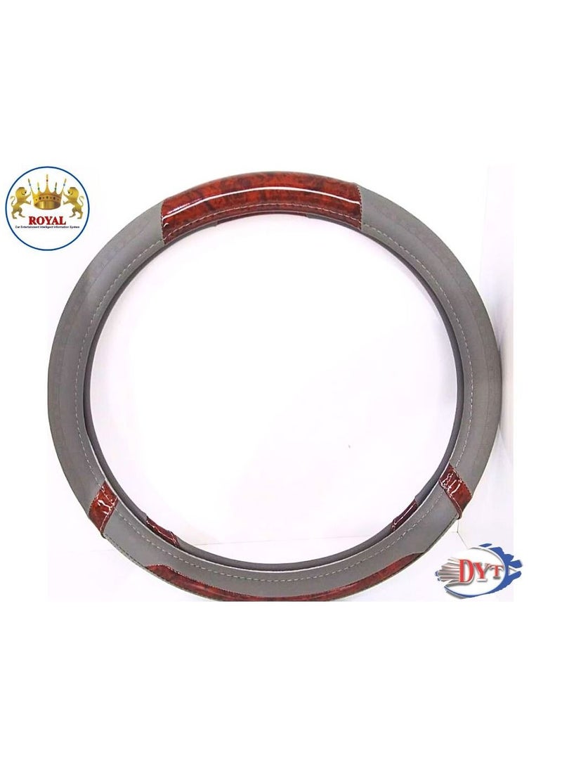 Royal Luxury Steering Wheel Cover 15"Inch (DYT-HE,3110, Grey) Grey & Wood Color - Image 2