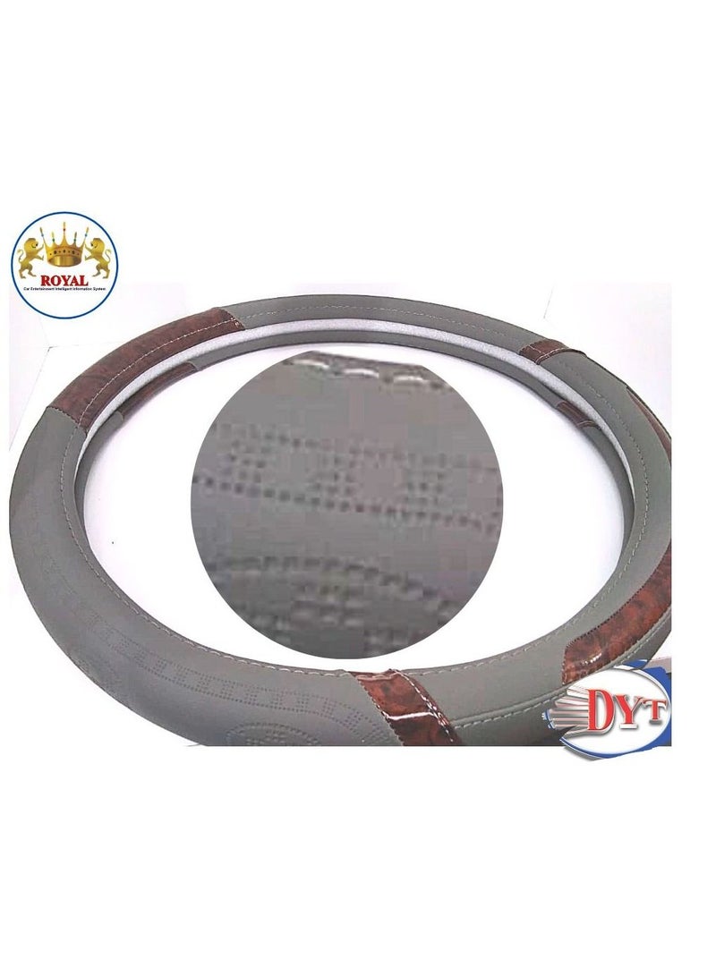 Royal Luxury Steering Wheel Cover 15"Inch (DYT-HE,3110, Grey) Grey & Wood Color - Image 3
