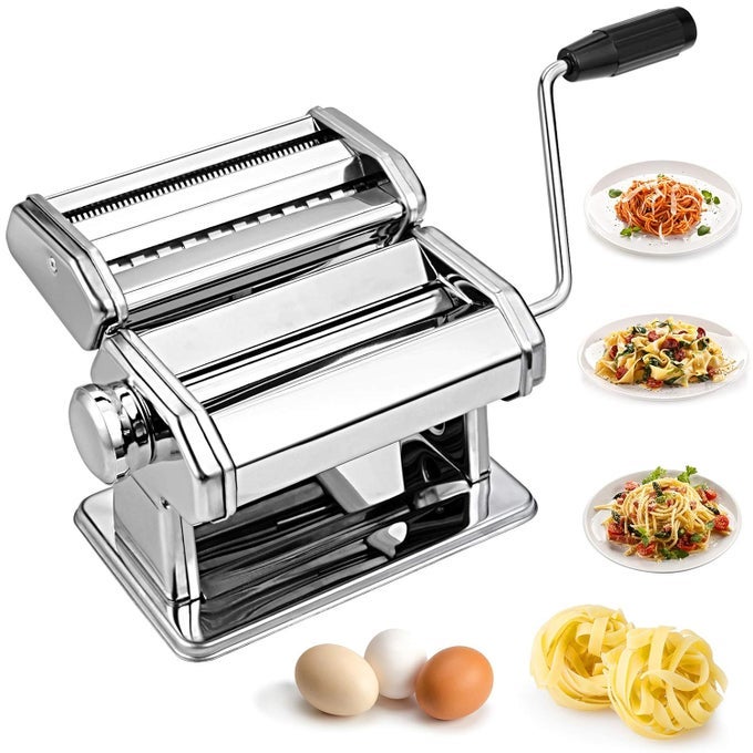 PASTA MAKER MACHINE STAINLESS STEEL MANUAL PASTA ROLLER WITH 7 ADJUSTABLE THICKNESS SETTINGS NOODLES CUTTER FOR SPAGHETTI FETTUCCINI LASAGNA