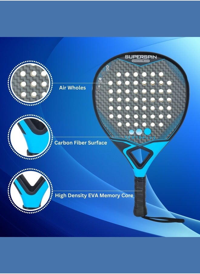 3 DOTS PLUS - Full Carbon Fiber Padel Racket, Lightweight Design with Comfortable Grip- All-Weather Resistant - Hybrid Glass Fiber and Carbon Padel Racket Head Frame - BLUE - Image 1
