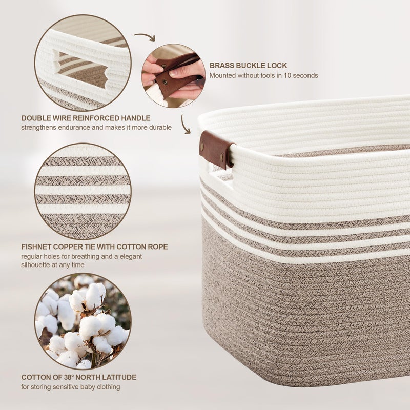 SunNewt 72L Large Laundry Basket with Leather Handles for Living Room Storage, Woven Rope Baskets Bin for Blanket, Kids Toy, Gifts, Wicker Hamper for Bedroom Dirty Clothes, 22"x17"x12" White Brown - Image 2