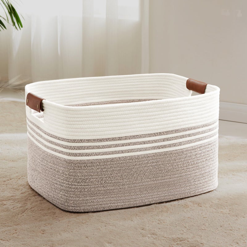 SunNewt 72L Large Laundry Basket with Leather Handles for Living Room Storage, Woven Rope Baskets Bin for Blanket, Kids Toy, Gifts, Wicker Hamper for Bedroom Dirty Clothes, 22"x17"x12" White Brown - Image 1