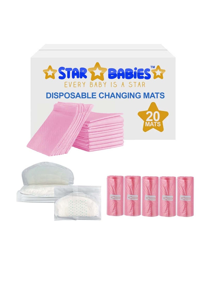 STAR BABiES Star Babies Combo Pack (Disposable Changing mat 20pcs, Scented Bag 5pcs (75bags) with  Disposable Breast Pad 5pcs) - Pink  - Image 1