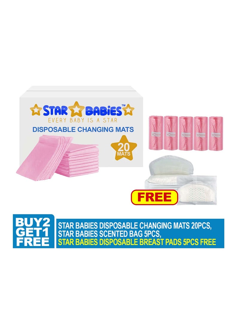 STAR BABiES Star Babies Combo Pack (Disposable Changing mat 20pcs, Scented Bag 5pcs (75bags) with  Disposable Breast Pad 5pcs) - Pink  - Image 2