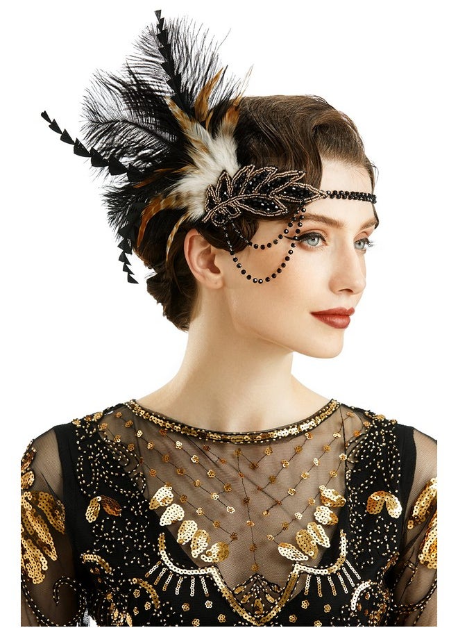 BABEYOND - 1920S Headpiece Flapper Headband Roaring 20'S Sequined Showgirl Hair Band Black With Feather (Black) - Image 1