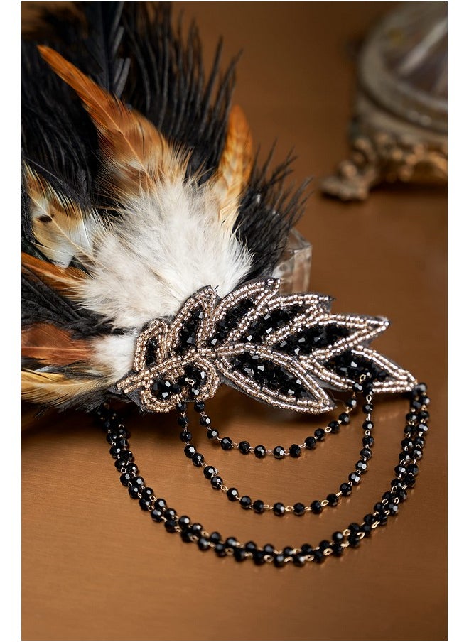 BABEYOND - 1920S Headpiece Flapper Headband Roaring 20'S Sequined Showgirl Hair Band Black With Feather (Black) - Image 1