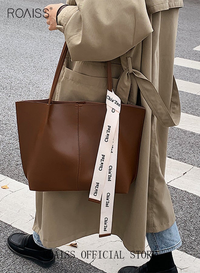 roaiss Women's Large-Capacity Bag All-Match Commuter Shoulder Bag Student Tote Bag Retro Texture with Fashion Ribbon for Ladies Girls College Students  - Image 4