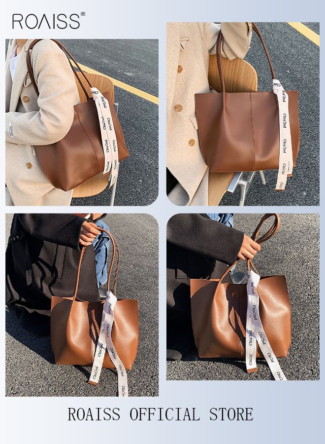 roaiss Women's Large-Capacity Bag All-Match Commuter Shoulder Bag Student Tote Bag Retro Texture with Fashion Ribbon for Ladies Girls College Students  - Image 3