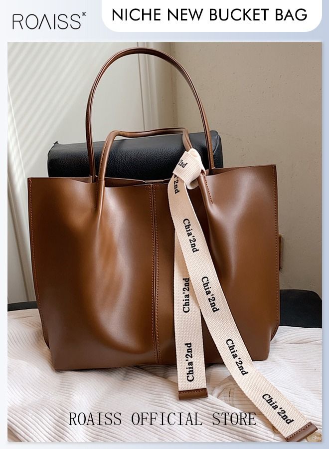 roaiss Women's Large-Capacity Bag All-Match Commuter Shoulder Bag Student Tote Bag Retro Texture with Fashion Ribbon for Ladies Girls College Students  - Image 5