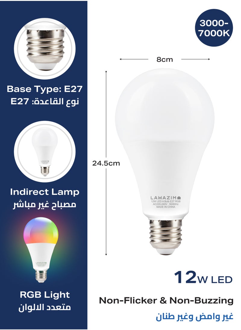 LAWAZIM - 12W LED Bulb A80 E27 - 2 Piece 3000-7000K RGB - Color Changing Light with 2 Remotes, 360 Lumens, and Non-Dimmable, Flicker-Free, Energy-Saving Design - Ideal for Home, Bedroom, and Living Room - Image 1