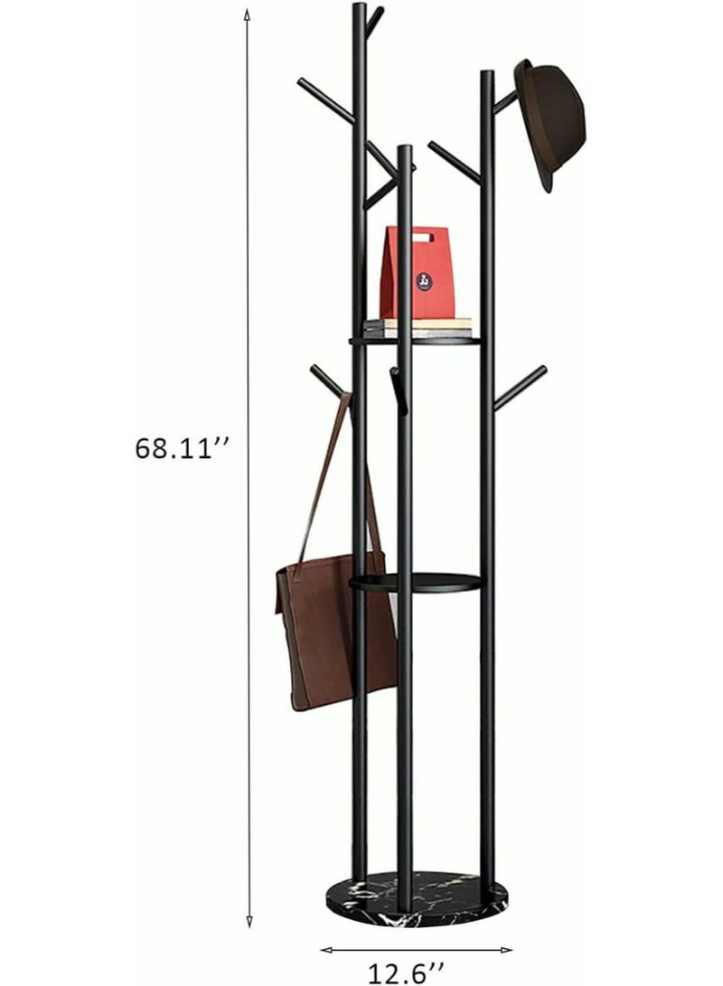 Beauenty Coat Racks Freestanding with 3 Storage Shelves, Metal Coat Racks Stand with 9 Hooks oat Hanger Stand and Heavy Marble Base, Entryway Coat Racks Tree Hanger, Purses Racks (Black) - Image 2