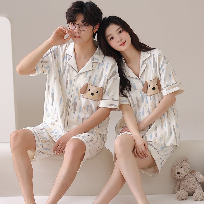 New Pure Cotton Lapel Cardigan Couple Fashion Pajamas That Can Be Worn Outside In Summer Casual Loose Men'S And Women'S Home Clothes Batch - Image 4