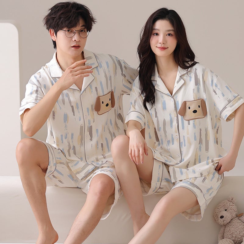 New Pure Cotton Lapel Cardigan Couple Fashion Pajamas That Can Be Worn Outside In Summer Casual Loose Men'S And Women'S Home Clothes Batch - Image 1