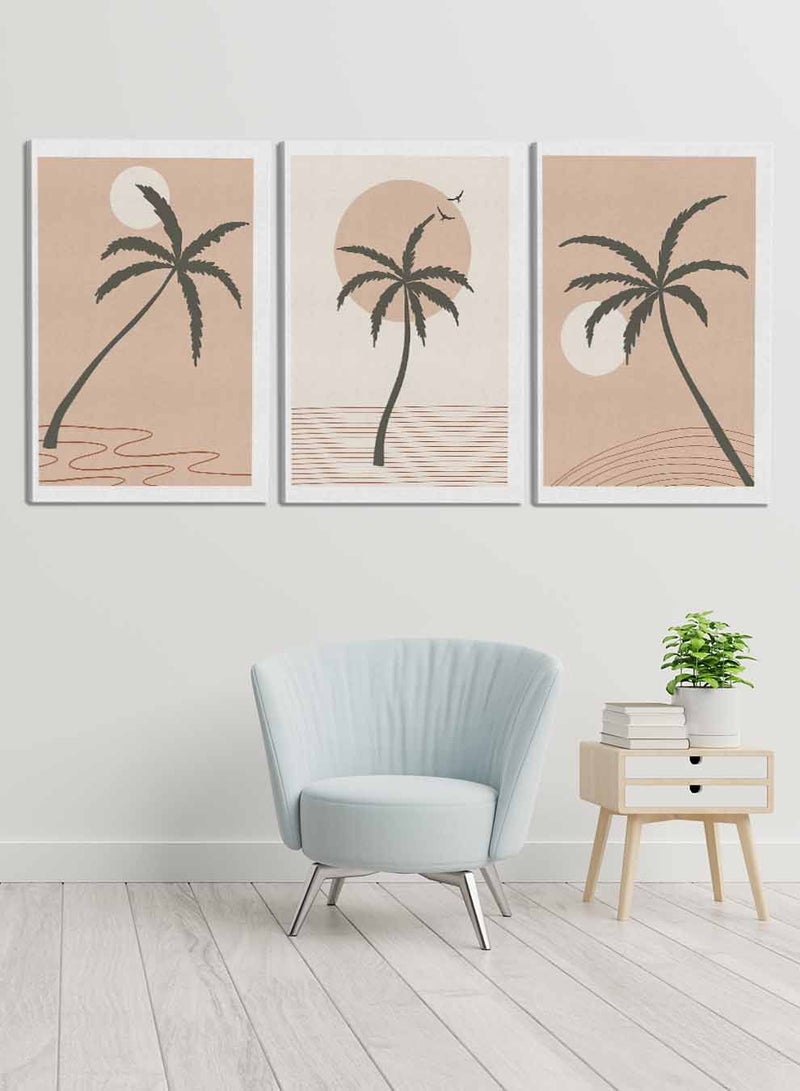 لوحة طقم من ٣ لوحات كانفاس على إطار خشبي، تصميم رسم تجريدي للأشجار والشمس، للمنزل، غرفة المعيشة، المكتب، الديكور - Image 2