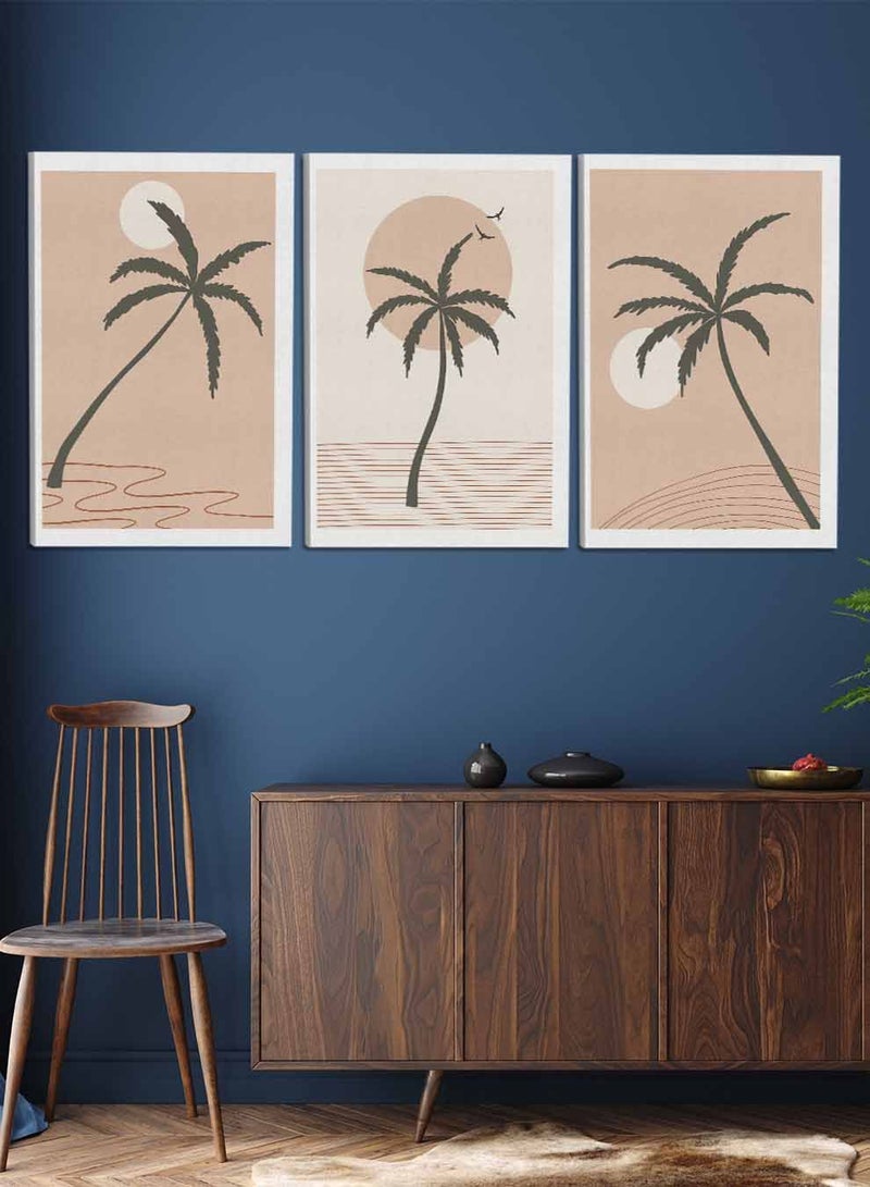 لوحة طقم من ٣ لوحات كانفاس على إطار خشبي، تصميم رسم تجريدي للأشجار والشمس، للمنزل، غرفة المعيشة، المكتب، الديكور - Image 1