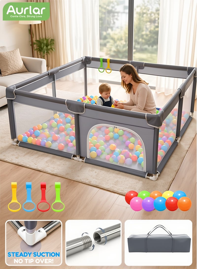 Aurlar Extra Large Baby Playpen 180×200cm, Baby Play Yard Fence with Breathable Mesh & Anti-Slip Suction Cups, Safe Indoor & Outdoor Play Area for Babies Toddlers, Grey - Image 1