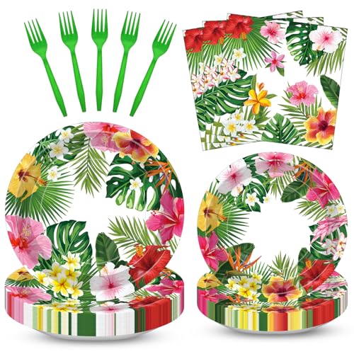 Merriva 100 Pcs Tropical Luau Party Supplies Set Serves 25 Disposable Hibiscus Floral Paper Plates Napkins and Forks Hawaiian Themed Tableware for Summer BBQ Pool and Beach Aloha Birthday Decorations - Image 1
