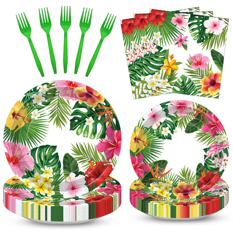Merriva 100 Pcs Tropical Luau Party Supplies Set Serves 25 Disposable Hibiscus Floral Paper Plates Napkins and Forks Hawaiian Themed Tableware for Summer BBQ Pool and Beach Aloha Birthday Decorations - Image 2