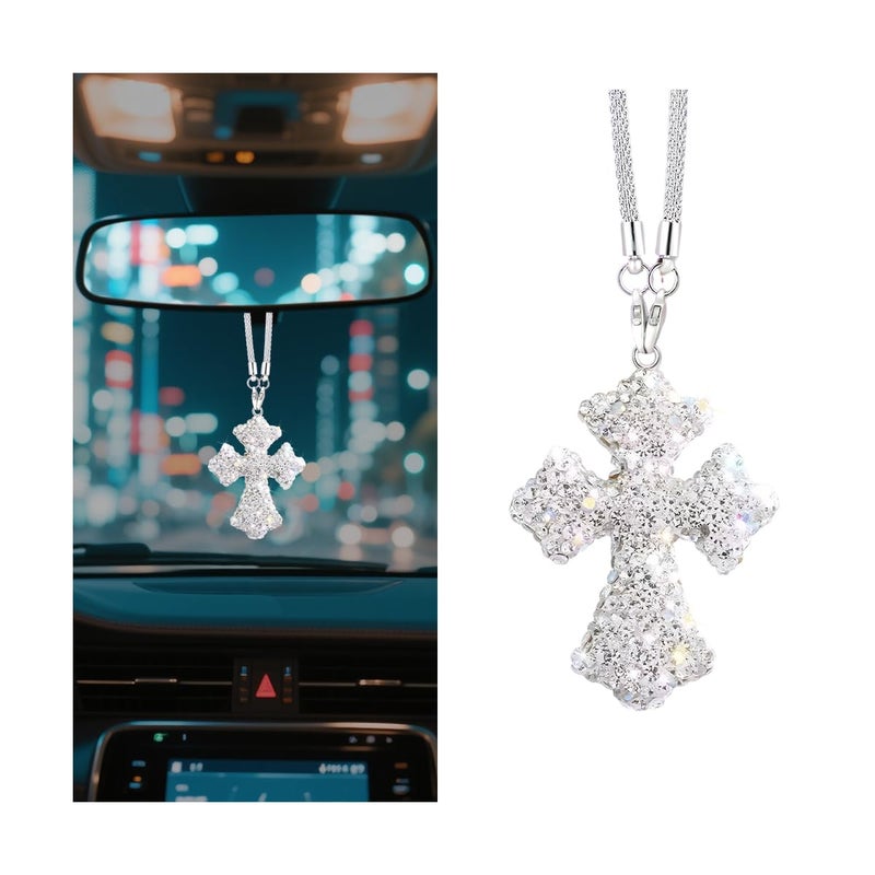 FALVFUN Bling Cross Car Rear View Mirror Hanging Ornament Crystal Rhinestones Religious Vehicle Rearview Mirror Pendant Charm Auto Interior Decoration Accessories Universal Fit White - Image 3