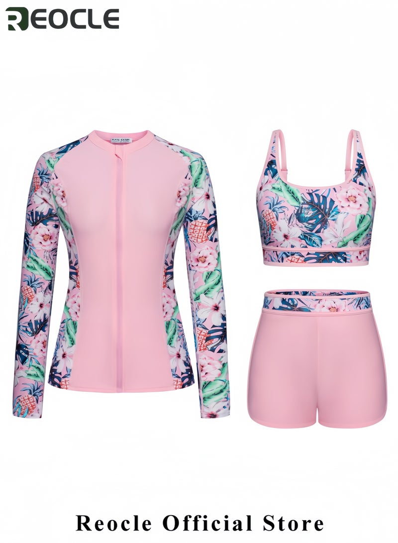REOCLE Women's 3 Piece Rash Guard Long Sleeve Swimsuits Zip Up UPF 50+ Built in Bra Swim Shirts with Boyshorts Quick Dry - Image 2