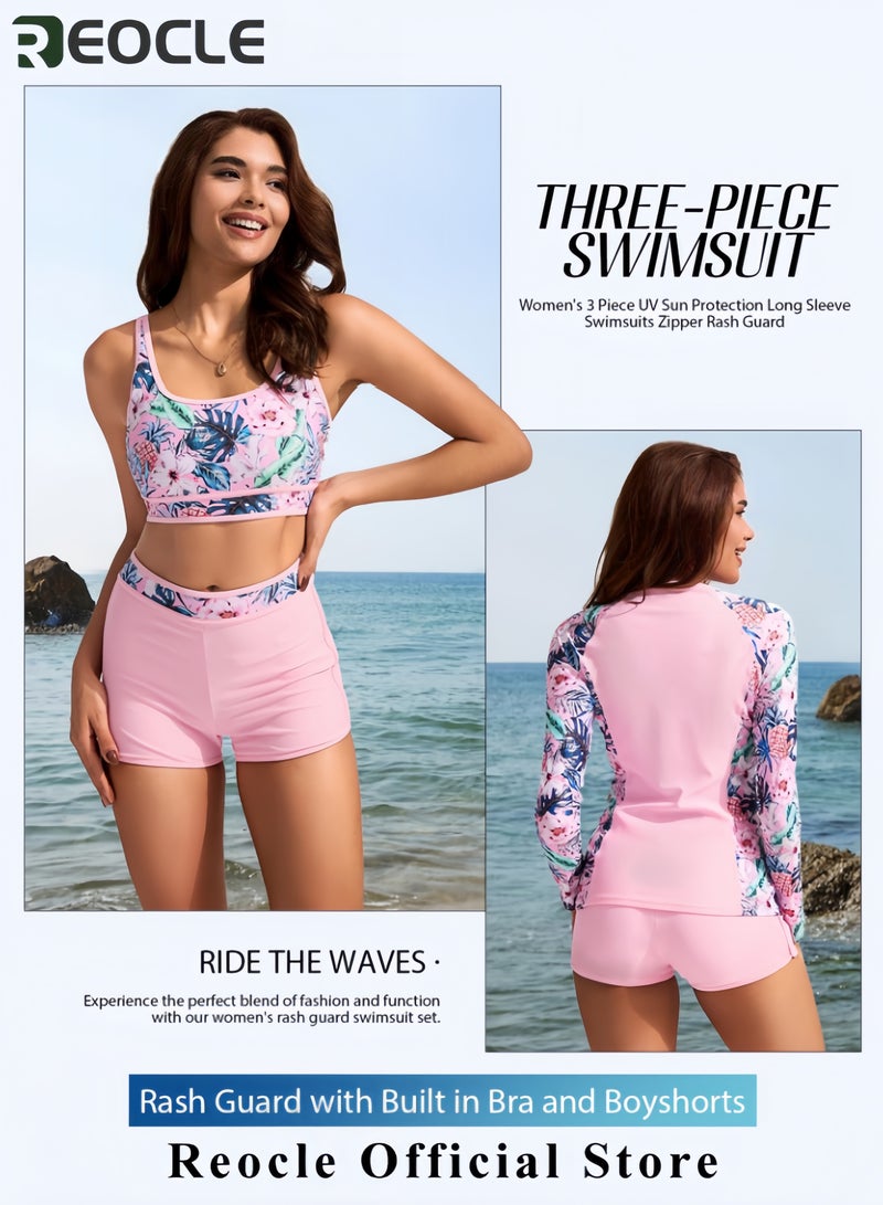 REOCLE Women's 3 Piece Rash Guard Long Sleeve Swimsuits Zip Up UPF 50+ Built in Bra Swim Shirts with Boyshorts Quick Dry - Image 4