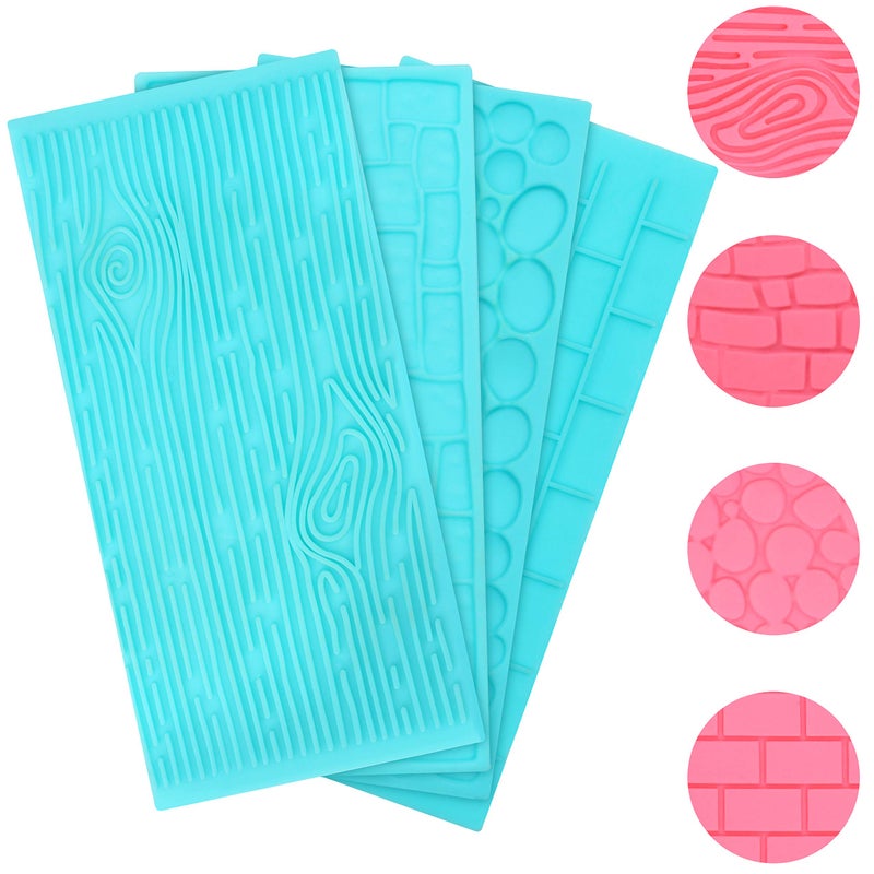 Kurtzy Kurtzy 4 Pack Plastic Embossing Fondant Icing Chocolate Cake Set - Brick  Wood  Cobble and Pebble Stone Designs - Blue 3D Decorating Embossed Mould Set For Sugar Candy  Decor  Jelly & DIY Baking - Image 1