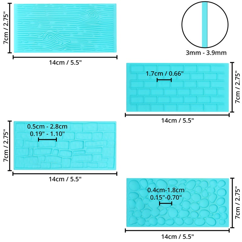 Kurtzy Kurtzy 4 Pack Plastic Embossing Fondant Icing Chocolate Cake Set - Brick  Wood  Cobble and Pebble Stone Designs - Blue 3D Decorating Embossed Mould Set For Sugar Candy  Decor  Jelly & DIY Baking - Image 2