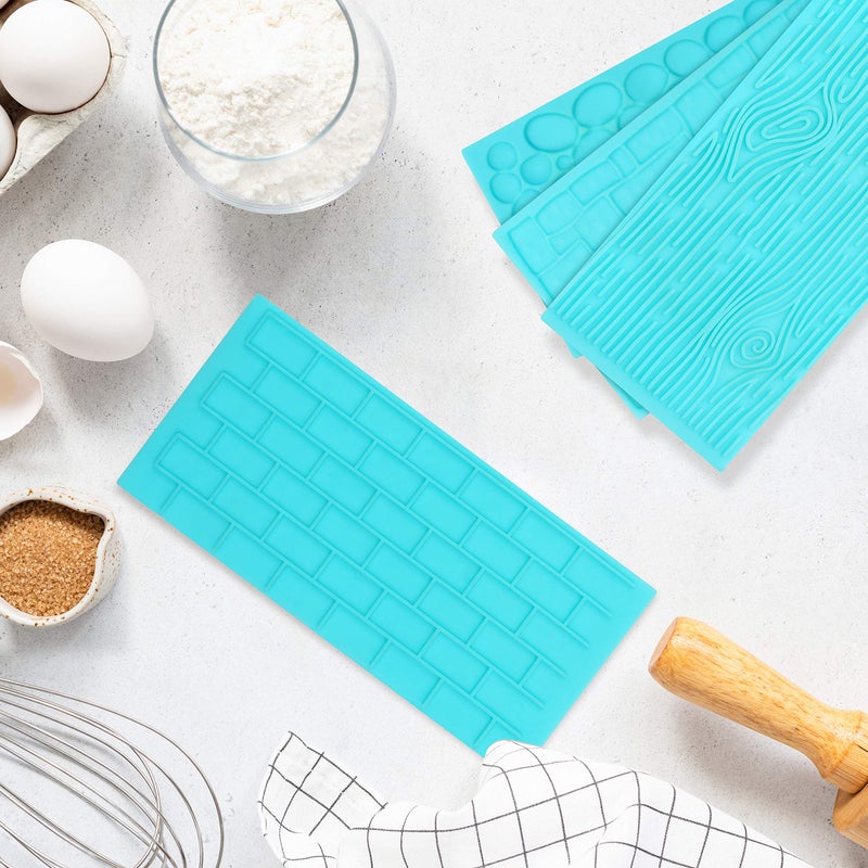 Kurtzy Kurtzy 4 Pack Plastic Embossing Fondant Icing Chocolate Cake Set - Brick  Wood  Cobble and Pebble Stone Designs - Blue 3D Decorating Embossed Mould Set For Sugar Candy  Decor  Jelly & DIY Baking - Image 4